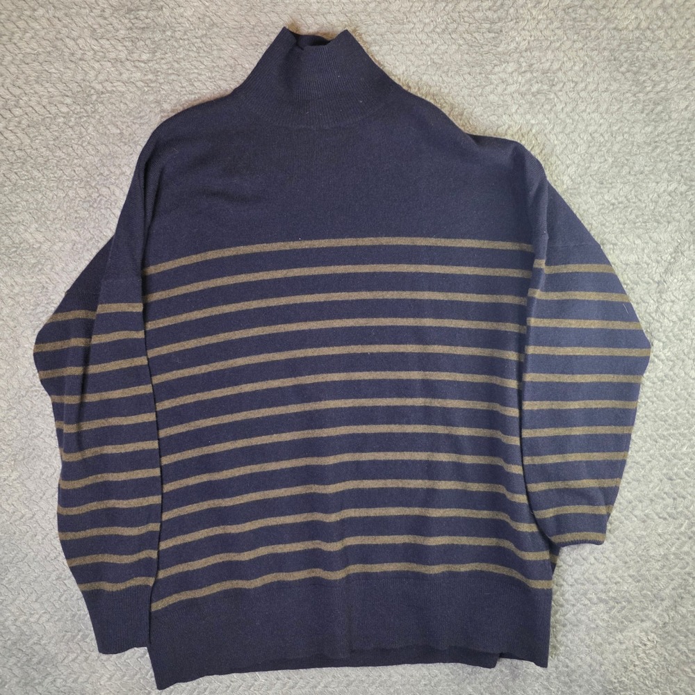 Zara Womens XS S 100% Merino Wool Mock Neck Sweater Navy Blue Tan Striped Knit